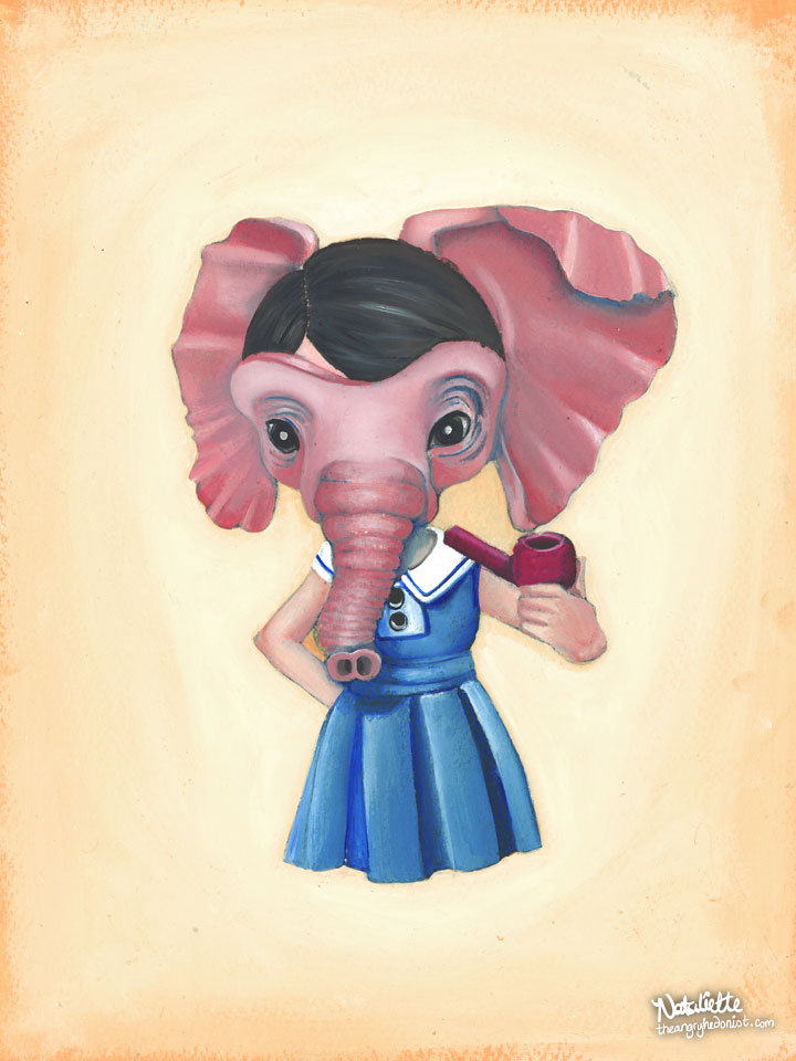 Girl Behind an Elephant Mask, Smoking a Pipe, oil
